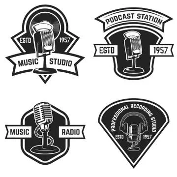 Set of  emblems with old style microphone isolated on white back Stock Illustration