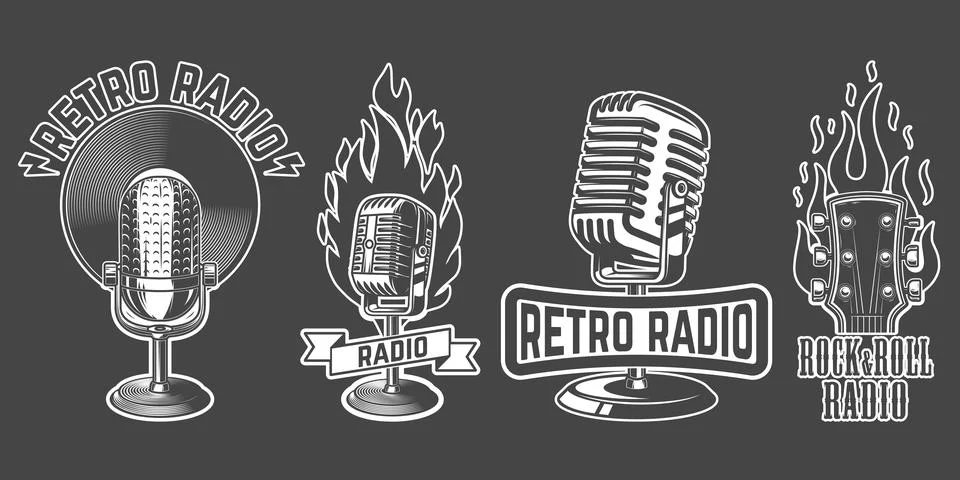 Set of  emblems with old style microphone isolated on white background. Desig Stock Illustration