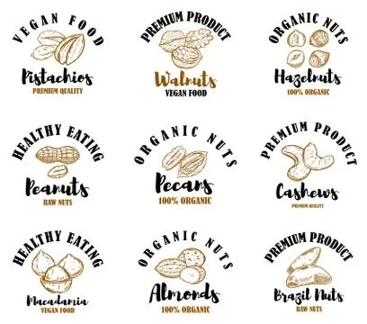 Set of emblems with raw nuts. Pistachios, walnuts, hazelnuts, peanuts, pecans Stock Illustration