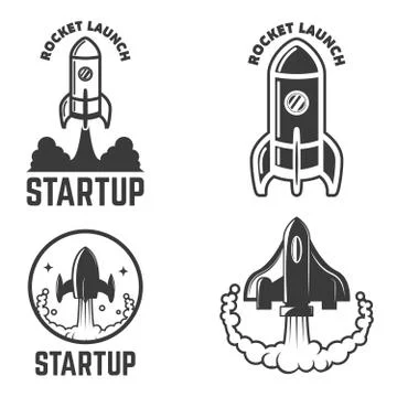 Set of emblems with rocket launch. Startup. Design elements for logo, label, Illustrazione stock