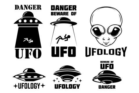 Set of emblems with ufo, alien. Ufology signs. Vector illustration Stock Illustration