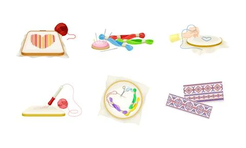 Set of embroidery and needlework tools. Embroidery hoop, threads, needle cartoon Stock Illustration