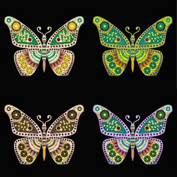 Set of Embroidery pattern with butterfly on black background Stock Illustration