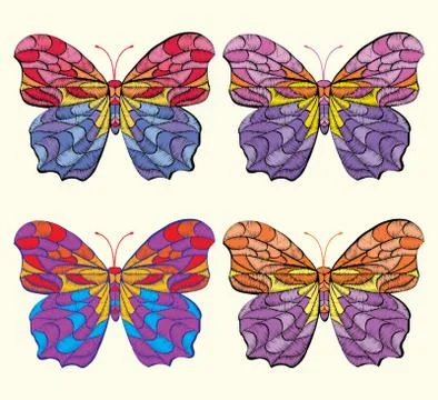 Set of Embroidery pattern with butterfly on white background Stock Illustration