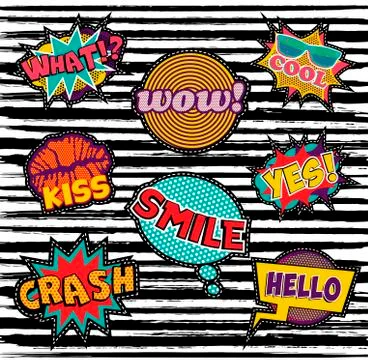 Set of embroidery text patch with pop art elements Stock Illustration