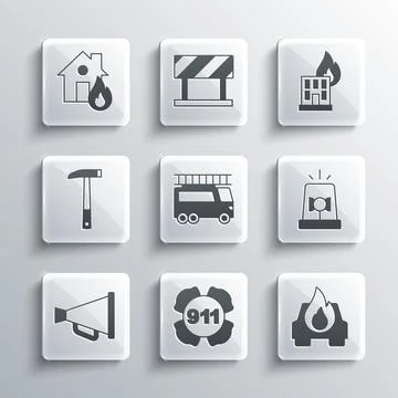 Set Emergency call 911, Burning car, Flasher siren, Fire truck, Megaphone Stock Illustration