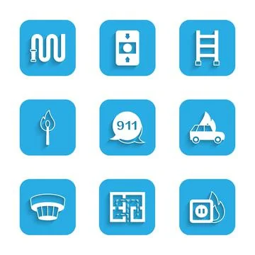 Set Emergency call 911, Evacuation plan, Electric wiring of socket in fire Stock Illustration