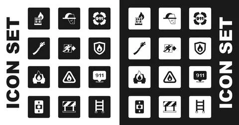 Set Emergency call 911, Fire exit, hose reel, in burning building, protection Ilustración de archivo