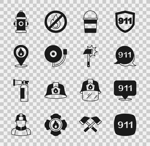 Set Emergency call 911, Fire bucket, Ringing alarm bell, Location with fire Illustration
