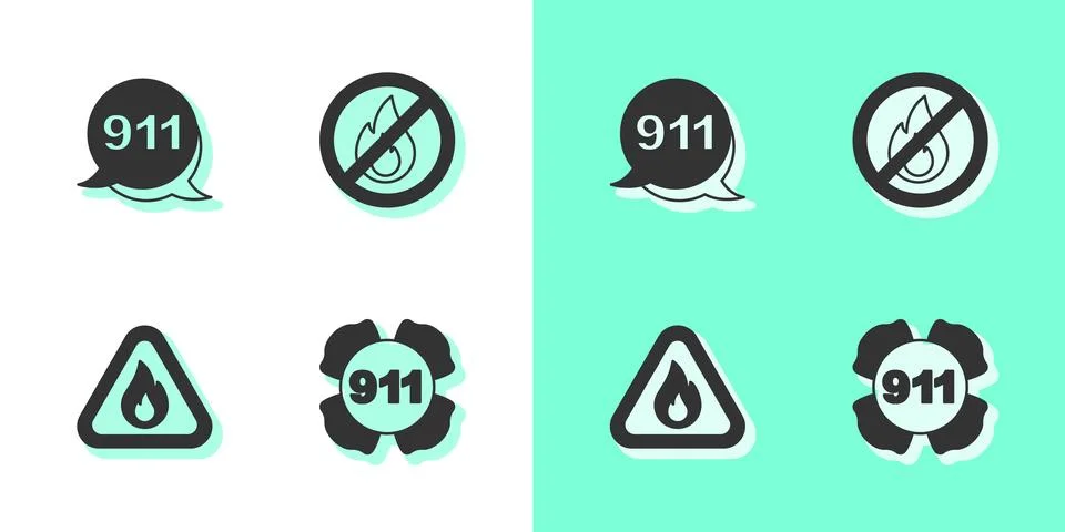 Set Emergency call 911, Fire flame in triangle and No fire icon. Vector Stock Illustration