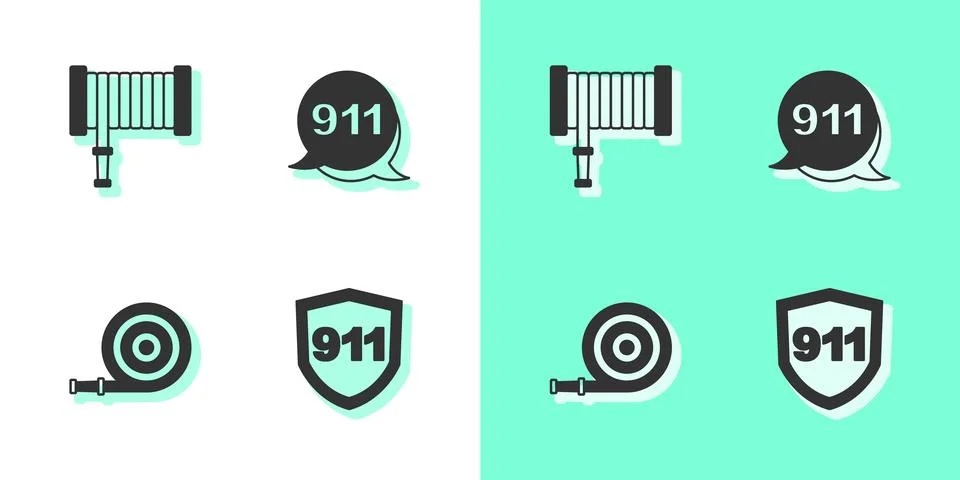 Set Emergency call 911, Fire hose reel,  and  icon. Vector Stock Illustration