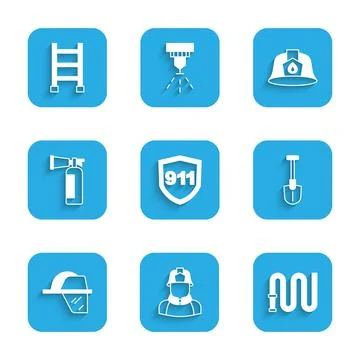 Set Emergency call 911, Firefighter, hose reel, shovel, helmet, extinguisher Illustration