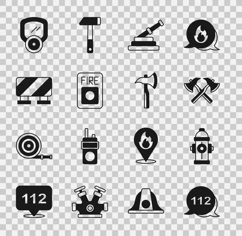 Set Emergency call, Fire hydrant, Firefighter axe, hose reel, alarm system, Road Illustration