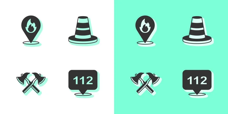 Set Emergency call, Location with fire flame, Firefighter axe and Traffic cone Illustration