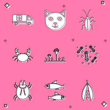 Set Emergency car, Pet, Cockroach, Crab, Mold, Bacteria, Parasite mite and Fish 스톡 일러스트