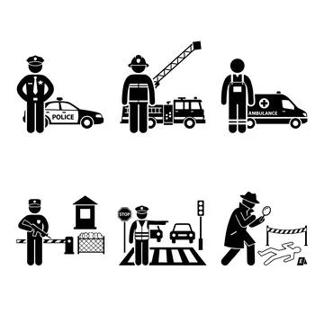 Set of emergency service icons featuring police officer with car, firefight.. Stock Illustration