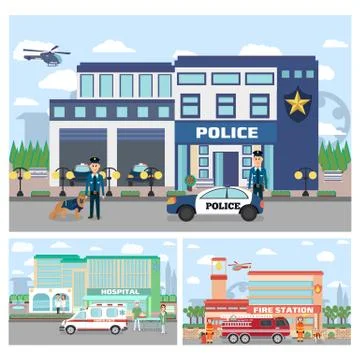 Set of emergency services building. Stock Illustration