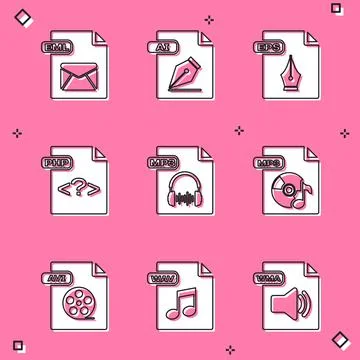 Set EML file document, AI, EPS, PHP, MP3, AVI and WAV icon. Vector Stock Illustration