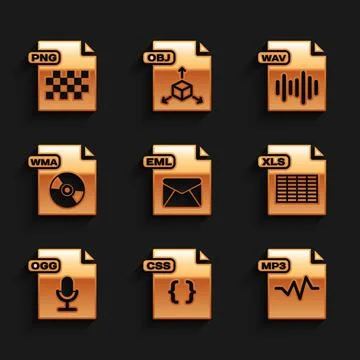 Set EML file document, CSS, MP3, XLS, OGG, WMA, WAV and PNG icon. Vector 库存插图