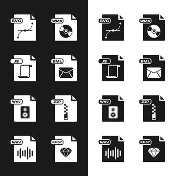Set EML file document, JS, SVG, WMA, WAV, ZIP, RUBY and icon. Vector Illustrazione stock