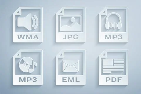 Set EML file document, MP3, , PDF, JPG and WMA icon. Vector 스톡 일러스트