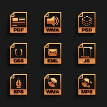 Set EML file document, WMA, MP3, JS, EPS and CSS icon. Vector 스톡 일러스트