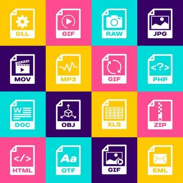 Set EML file document, ZIP, PHP, RAW, MP3 and MOV icon. Vector Stock Illustration