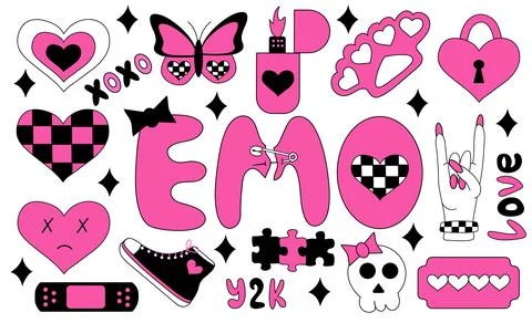 Set of emo elements. Y2k style. Hearts, blade, Emo lettering, costet, rock sign, イラスト素材