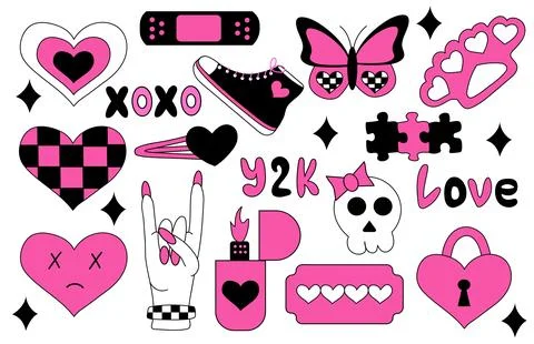Set of emo elements. Y2k style.  Black and pink. Vector flat illustration. イラスト素材