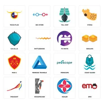 Set of emo, healer, pheasant, periscope, man u, fx white, s.h.i.e.l.d., tall  Illustrazione stock gratuita