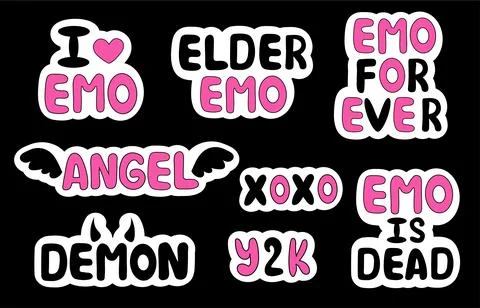 Set of emo stickers. Y2k style. Lettering. Angel and Demon. Elder Emo. Stock Illustration