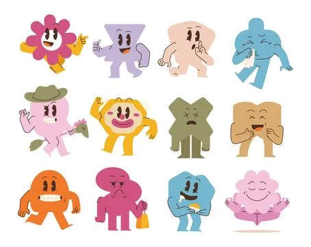 Set of emoji with abstract shape character cartoon chunky Hippie Retro hipp.. Stock Illustration