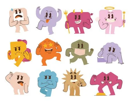 Set of emoji with abstract shape character cartoon chunky Hippie Retro hipp.. Stock Illustration