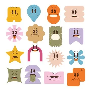 Set of emoji with abstract shape character cartoon chunky Hippie Retro hipp.. Stock Illustration