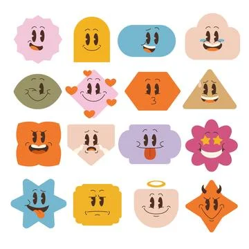 Set of emoji with abstract shape character cartoon chunky Hippie Retro hipp.. Stock Illustration