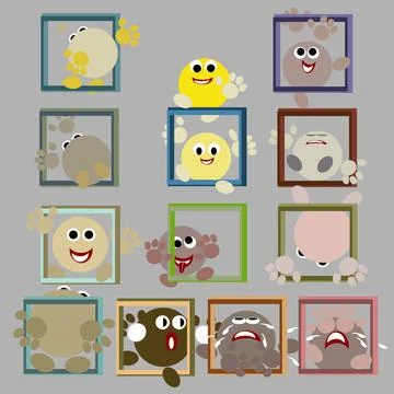 A set of emoticons in frames in different positions and different colors Stock Illustration