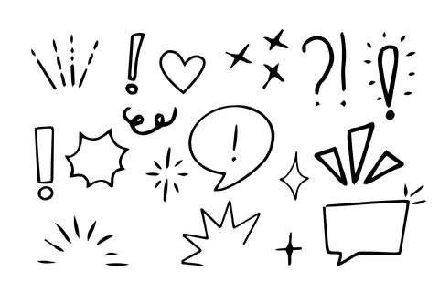 Set emotion attention elements, expressions speech bubble in comic doodle style Stock Illustration