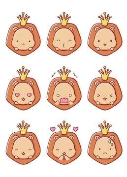 Set of emotions lion cute kawaii isolated on white background flat hand drawn Stock Illustration
