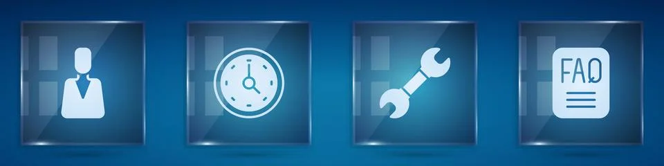 Set Employee, Clock, Wrench spanner and FAQ information. Square glass panels イラスト素材