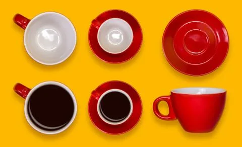 Set of empty and full red cups and a saucers. Coffee set on a yellow backgrou Stock Photos