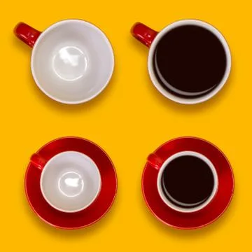 Set of empty and full red cups and a saucers. Coffee set on a yellow background Stock Photos
