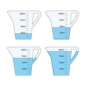 Set of empty and water filled measuring cups with 1 liter volume. Stock Illustration