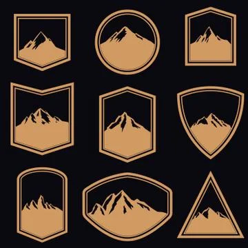 Set of empty badges with mountains in golden style. Design elements for logo, Stock Illustration