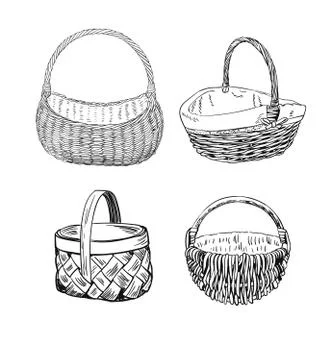 Set empty baskets vector engrave isolated design 스톡 일러스트