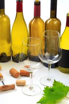 Set of empty bottles of wine and glass  background Stock Photos