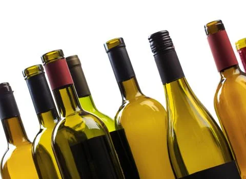 Set of empty bottles of wine and glass  background Stock Photos