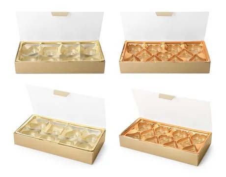 Set with empty candy boxes on white background Stock Photos