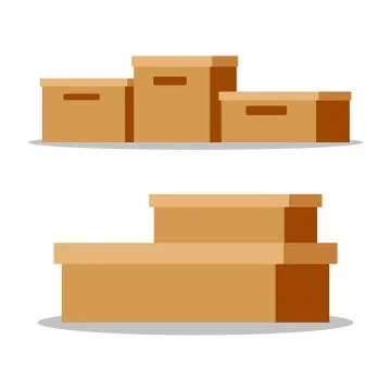 Set of empty closed brown paper cardboard boxes. Illustration