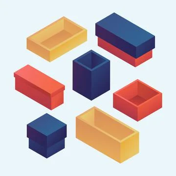 Set of empty colored present boxes. Isometric vector containers. Illustrazione stock