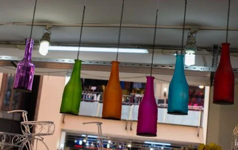 Set of Empty colorful bottles in view Stock Photos